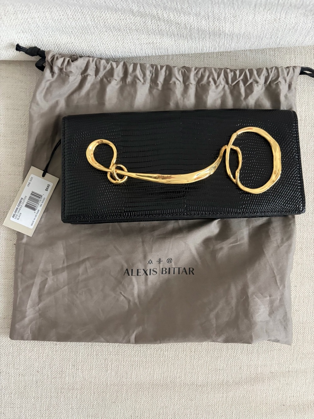 NWT Alexis Bittar Clutch | Black Lizard-Embossed Purse with Gold Metal Twist - Picture 13 of 17